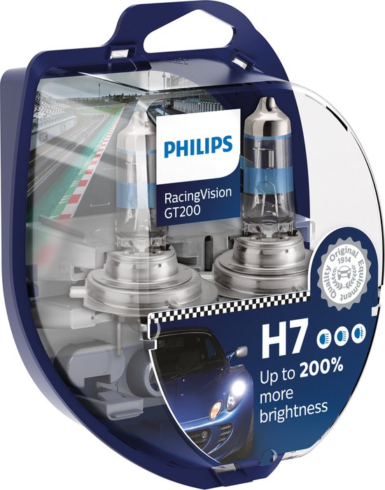 Philips RacingVision GT200 H7 lampen in blauwe verpakking, met transparant venster, sportauto en circuit.