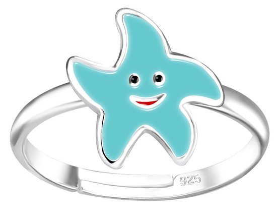 Joy|S - Zilveren zeester ring - verstelbaar - turquoise blauwe ster - voor kinderen