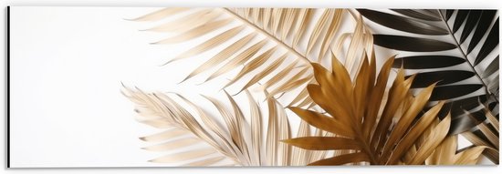 Dibond - Tropische Bladeren in Goudtinten tegen Witte Achtergrond - 60x20 cm Foto op Aluminium (Wanddecoratie van metaal)