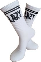 Verjaardags cadeau - Lui Sokken - Lazy - leuke sokken - vrolijke sokken - witte sokken - tennis sokken - sport sokken - valentijns cadeau - sokken met tekst - aparte sokken - grappige sokken - Socks waar je Happy van wordt - maat 37-44