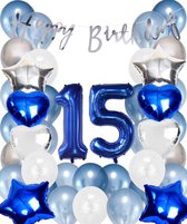 Snoes Ballonnen 15 Jaar Set Mega Blauw Zilver Ballon - Compleet Feestpakket Cijferballon 15 Jaar - Verjaardag Versiering Slinger Happy Birthday – Folieballon – Latex Ballonnen - Helium Ballonnen