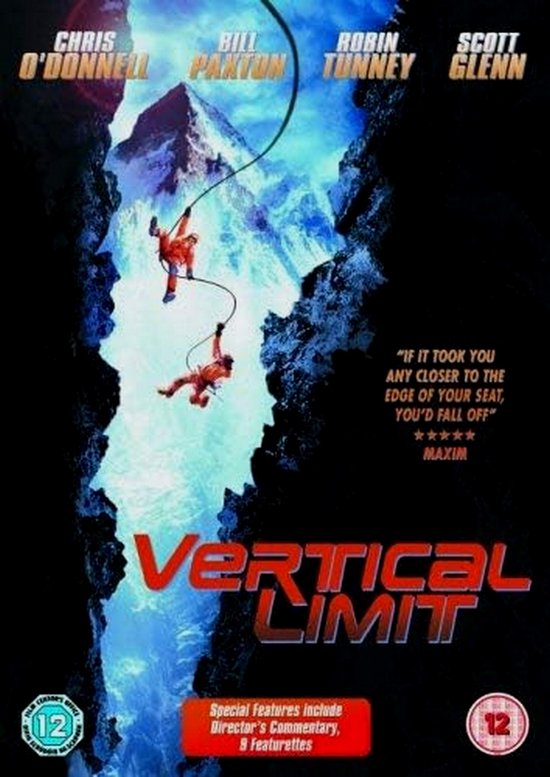 Filmposter: Vertical Limit, met klimmers aan een touw tegen een bergwand.