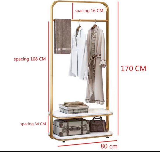 Cre Cra marmer kledingrek, garderobestandaard, kledingstang, hoekgarderobe, kledingrek met ronde buis, gouden kledingrek, kleine kledingstandaard metaal (Maat: 50x30x170 CM, Gouden