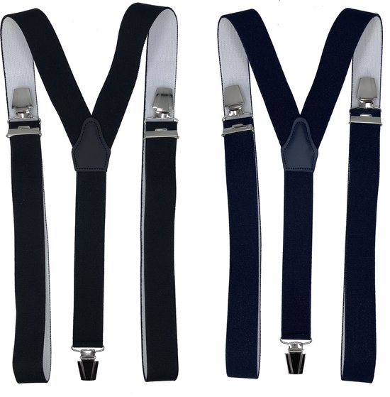 Twee bretels, één zwart en één donkerblauw, met zilverkleurige clips.