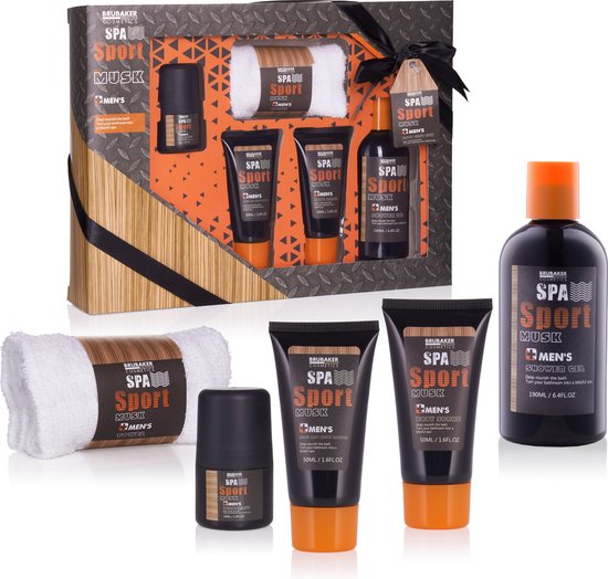BRUBAKER Cosmetics Spa Sport Musk - Cadeautip Man- Cadeau Idee - 5-delige Cadeauset - Verzorgingsset voor Mannen - met Douchegel, Deodorant, Body Lotion , Washand in Geschenkdoos - Vaderdag cadeau