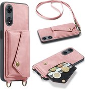 Casemania Hoesje Geschikt voor Oppo A98 Pale Pink - Luxe Back Cover met Koord - Wallet Case - Pasjeshouder