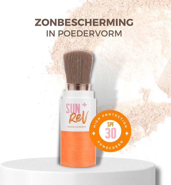 SUN+Rev minerale zonnebrand poeder brush SPF30 met oranje accent en tekst 'HIGH PROTECTION'.