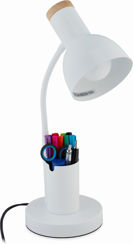 Relaxdays bureaulamp met pennenbak - moderne tafellamp e27 - leeslamp metaal - nachtkastje