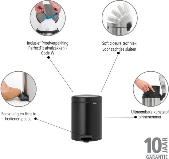 Brabantia NewIcon poubelle à pédale 5 litres avec seau intérieur synthétique - Matt Black