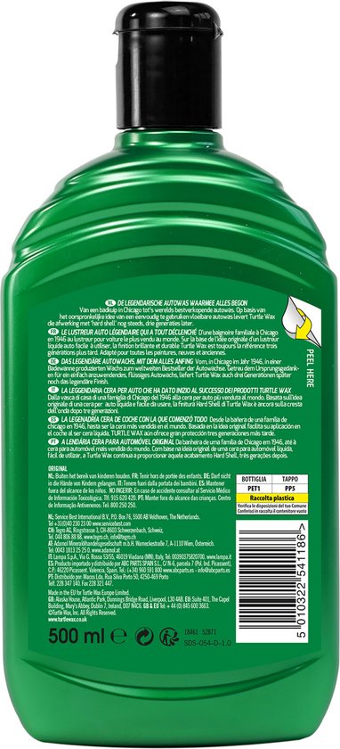 Achterkant van een groene Turtle Wax fles met productinformatie en barcode.