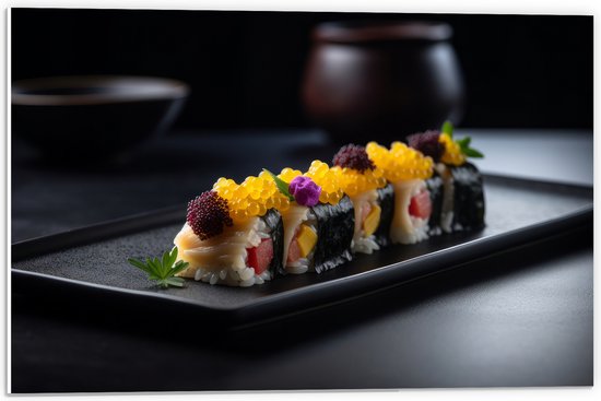 PVC Schuimplaat- Sushi Rol op Zwart Stenen Plateau - 60x40 cm Foto op PVC Schuimplaat