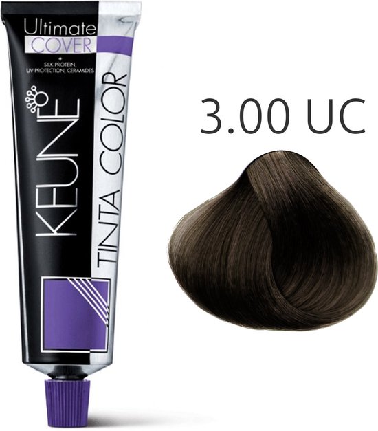 Tube de coloration Keune Tinta Color avec mèche de cheveux couleur 3.00 UC (brun foncé).
