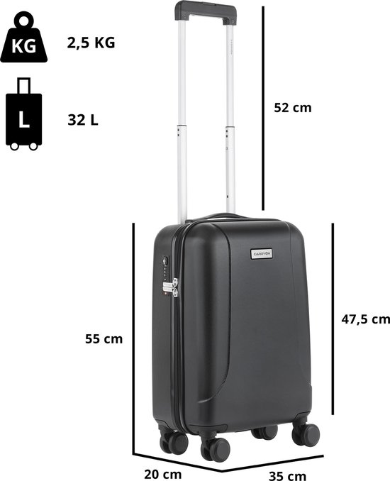 Zwarte CarryOn Skyhopper handbagagekoffer met trolleyhandvat. Afmetingen 55x35x20 cm, 32 L, 2,5 KG.