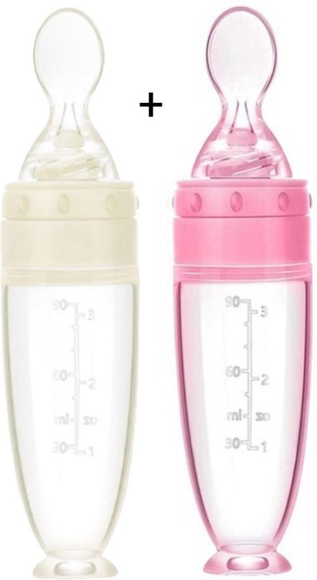 Biberoia® 2x Knijpfles met lepel – Drinkfles - Baby / Kinderbestek - Kraamcadeau – Babyshower – Roze + Wit