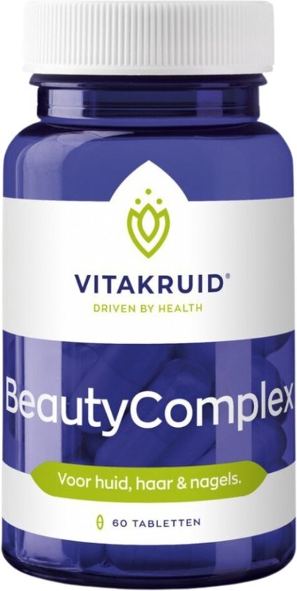 Paarse fles Beauty Complex met witte dop. Goed voor huid, haar & nagels. 60 tabletten.