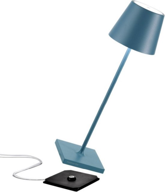 Zafferano Poldina Pro Tafellamp - Oplaadbare Buitenlamp Blauw - IP65 Spatwaterdicht - Bureaulamp Snoerloos - Dimbare LED Lamp - Tuinlamp met Draadloos Oplaadstation - 38 cm x Ø 11cm