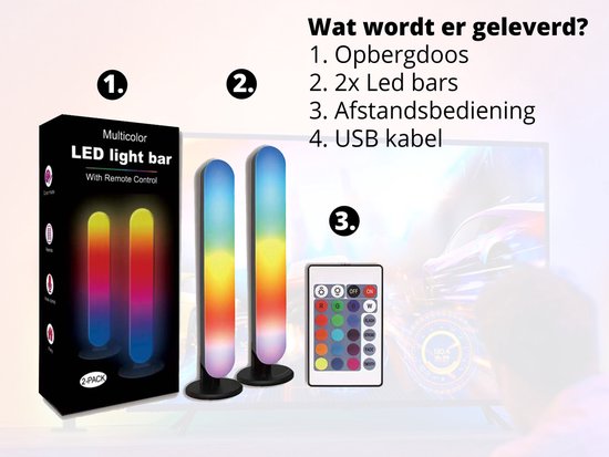 Barre Lumineuse LED RGB + Wit - 2 Pièces - USB C - 4 modes - Télécommande -  Lampe de