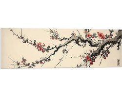 Acrylglas - Tekening van Tak vol Rode Bloemen - 120x40 cm Foto op Acrylglas (Wanddecoratie op Acrylaat)