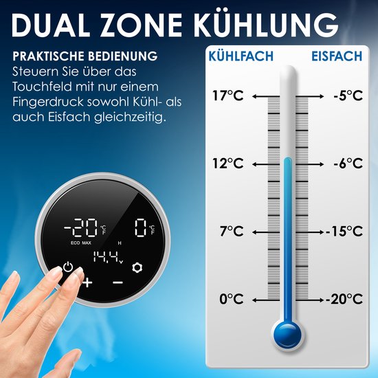 KESSER® Compressor Koelbox 2in1 Dubbele Zone Koeler & Vriezer, Elektrische Vriesbox LED Touch Control 12/24 V 230V, Frigobox Koelen tot -20 °C voor Auto, Vrachtwagen, Kamperen - 49 Liter, Marineblauw / Lichtgrijs van KESSER — afbeelding 3