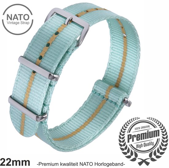 22mm Premium Nato horlogeband Blauw met Beige streep - Vintage James Bond look- Nato Strap collectie - Mannen - Horlogebanden - 22 mm bandbreedte