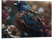 Dibond - Blauwe Gaai Vogel met Kleurrijke Veren en Bloemen - 100x75 cm Foto op Aluminium (Met Ophangsysteem)