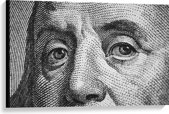 Canvas - Close-up van Benjamin Franklin op Biljet - 90x60 cm Foto op Canvas Schilderij (Wanddecoratie op Canvas)