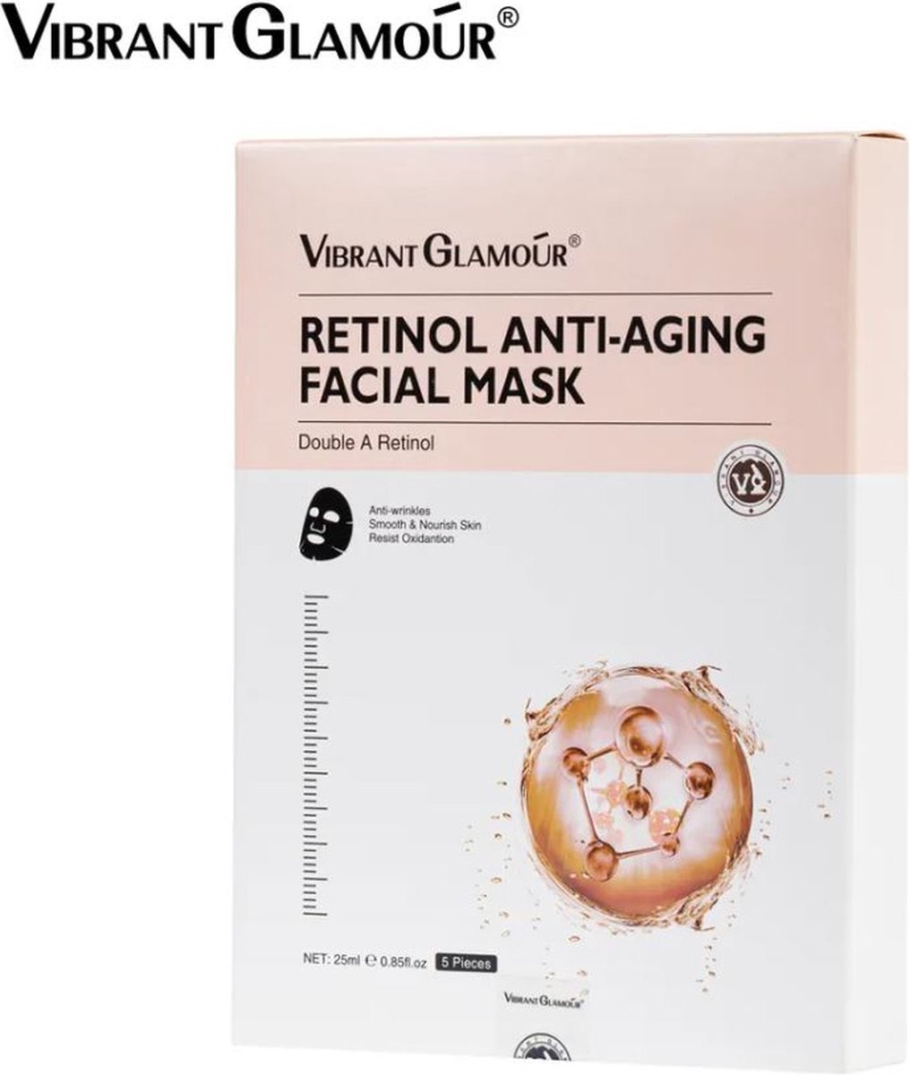 VIBRANT GLAMOUR - Retinol Masker Box 5 stuks - Huidbarrière te herstellen - Verminderen van fijne lijntjes - Rimpels en ongelijkmatige huidtextuur - Centella asiatica - Aloë vera - Retinol