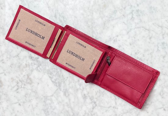 Lundholm portemonnee van rood leer, opengeklapt met kaarthouders en ritsvak.