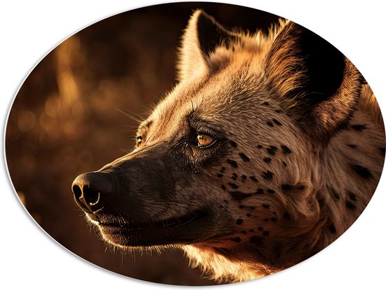 PVC Schuimplaat Ovaal - Hyena in de Morgen Zon in het Landschap - 80x60 cm Foto op Ovaal (Met Ophangsysteem)