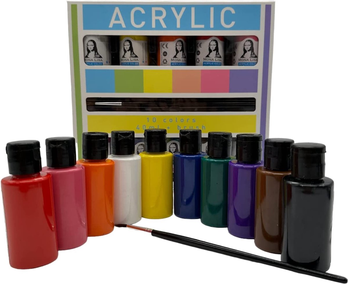 Südor Monalisa acrylverfset met penseel, 10 x 40 ml acrylset, voor kinderen en volwassenen om te schilderen op hout, steen en canvas, 10 kleuren + penseel — afbeelding 7