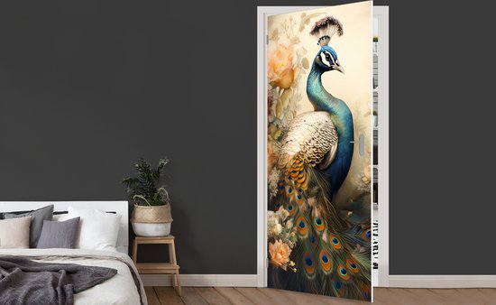 Sticker porte Paon - Plumes de paon - Fleurs - Vogels - Botanique - 80x205 cm - Poster porte