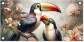 Tuinposter toekan - Tuindecoratie vogels - 60x30 cm - Wanddecoratie met bloemen voor buiten - Schutting decoratie jungle - Buitenposter - Schuttingdoek - Tuindoeken - Tuin doek - Balkon poster