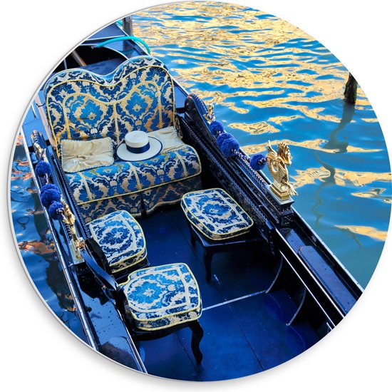 PVC Schuimplaat Muurcirkel - Blauwe Gondel met Gouden Details op de Wateren van Venetië - 30x30 cm Foto op Muurcirkel (met ophangsysteem)
