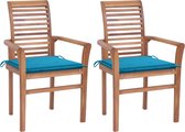 vidaXL - Eetkamerstoelen - 2 - st - met - blauwe - kussens - massief - teakhout