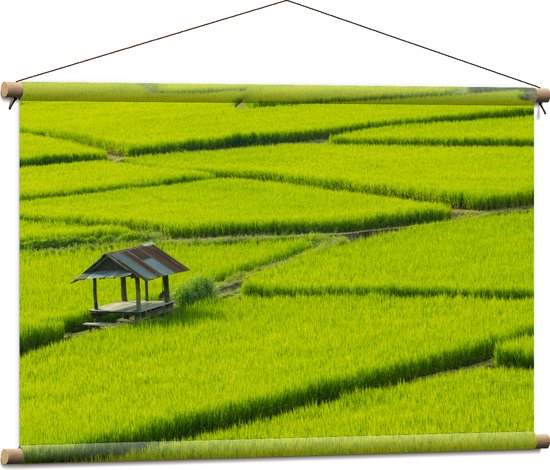 Textielposter - Houten Hutje tussen de Vietnamese Rijstvelden - 90x60 cm Foto op Textiel