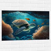 Muursticker - Cartoon van Zeeschildpad Zwemmend in Grotten op Zeebodem - 90x60 cm Foto op Muursticker