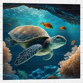 Muursticker - Cartoon van Zeeschildpad Zwemmend in Grotten op Zeebodem - 50x50 cm Foto op Muursticker