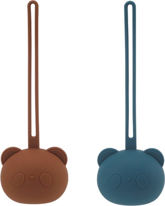 Twee siliconen fopspeenhouders in de vorm van een pandabeer. Eén is bruin, de ander blauw, met oortjes en een simpele mond en ogen.