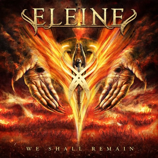 Albumcover met de titel 'We Shall Remain' van Eleine, met vlammen, demonische handen en een centrale figuur.