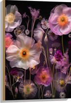 Hout - Boeket van Roze Bloemen op Zwart Oppervlak - 50x75 cm - 9 mm dik - Foto op Hout (Met Ophangsysteem)
