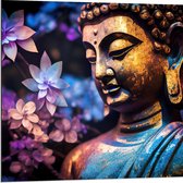 Dibond - Boeddha voor Struik vol Paarse Lelies - 80x80 cm Foto op Aluminium (Wanddecoratie van metaal)