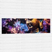 Muursticker - Boeddha voor Struik vol Paarse Lelies - 120x40 cm Foto op Muursticker