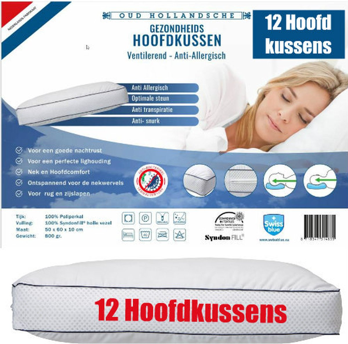 12 x Airco hoofdkussen- ventilerend-hoofdkussen- swissblue hoofdkussen-hotel kussens- hostel kussens- B&B hoofdkussens- voor nekklachten-rugklachten-geschikt voor buikslaper-zijslaper-rugslaper-ademend-verkoelend-luxe hoofdkussen-maat:50-60-10