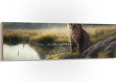 Hout - Cheetah op Rots langs Rivier door Natuurgebied - 150x50 cm - 9 mm dik - Foto op Hout (Met Ophangsysteem)
