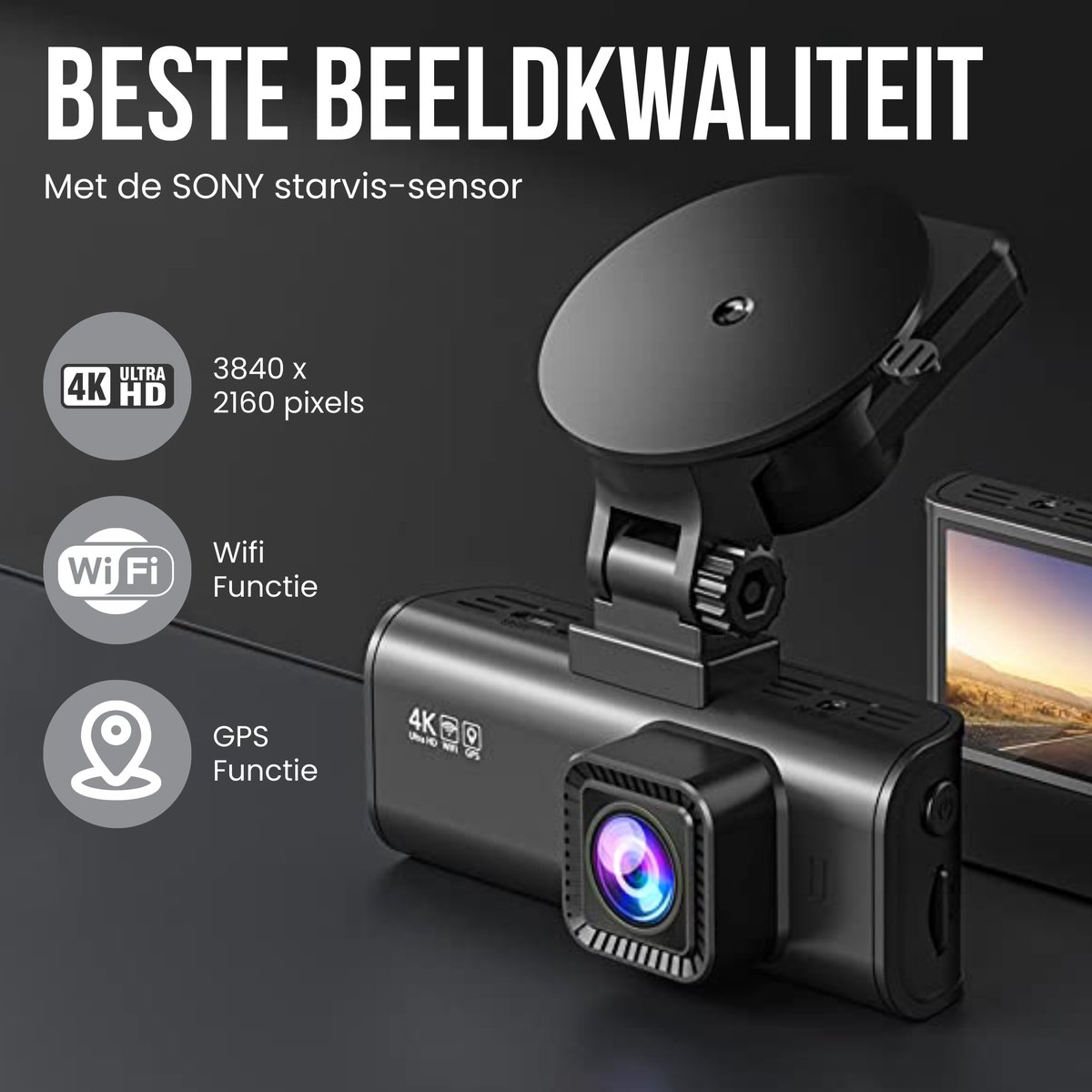 RedTiger F7NP Dual Dashcam voor auto - Ultra 4K & 1080P - Voor en Achter Camera - WiFi en GPS - 3,18 Inch met App - Sony Sensor - Dashcams - Parkeerbewaking - G Sensor - Loop opname - Full HD achter camera - Met 128GB SD Kaart thumbnail 4