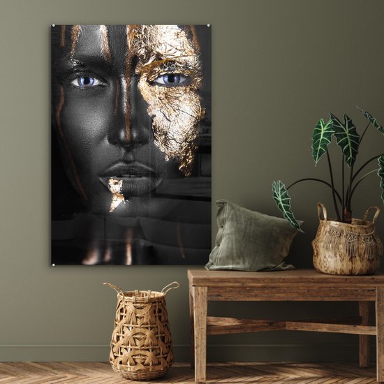MuchoWow® Tableau sur Verre - Femme - Feuille d'Or - Zwart - Or - Luxe - 80x120 cm - Peintures sur Verre Acrylique - Photo sur Glas
