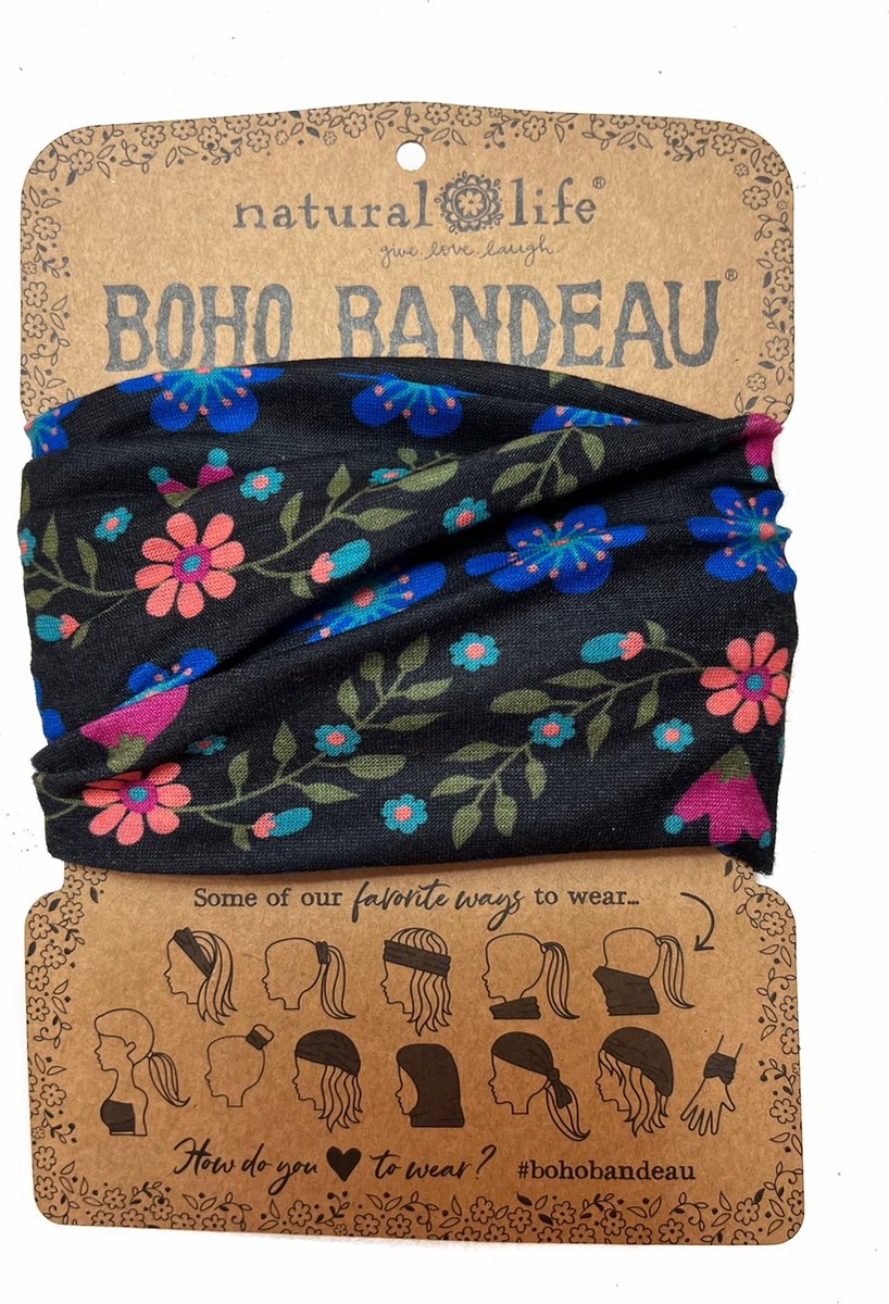 zwarte Boho Bandeau haarband, Natural Life, brede hoofdband en sjaaltje, sportband, zwart met bloemen, infinity shawl, haar shawl, bandeau