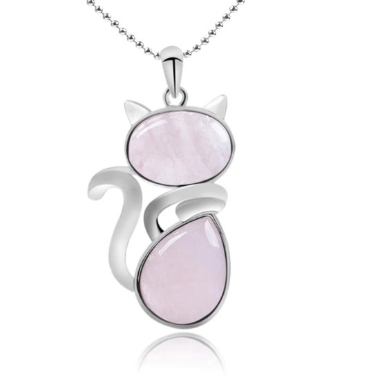 Zilveren Ketting - Kwartssteen - Hanger Kat vorm - Dames Sieraden - Roze