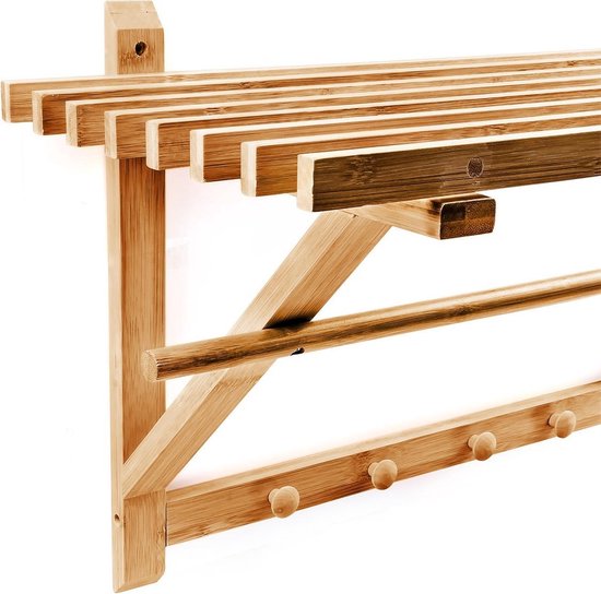 relaxdays Unité murale en bois de bambou salle de bain / cuisine - Armoire-penderie - Etagère 4 crochets à tige.