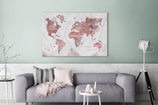 Peintures Toile Wereldkaart - Peinture - Rose - 120x80 cm - Décoration murale